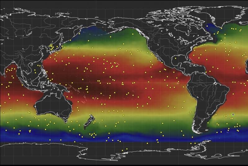 Global deployment locations for Argo program floats during the past three months. Image courtesy of the University of California-San Diego