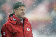 FILE - Clark Hunt, chairman and CEO of the Kansas City Chiefs, follows warmups before an NFL football game against the Denver Broncos, Sunday, Dec. 15, 2019, in Kansas City, Mo. Lamar Hunt was a champion of Black rights during the Civil Rights era of the 1960s. He grew up in conservative circles yet formed his own opinions of right and wrong. And when his football-loving son was born in 1965, those principles that Hunt instilled in his football franchise became instilled in Clark, who years later would succeed him as chairman of the Chiefs. (AP Photo/Charlie Riedel, File)