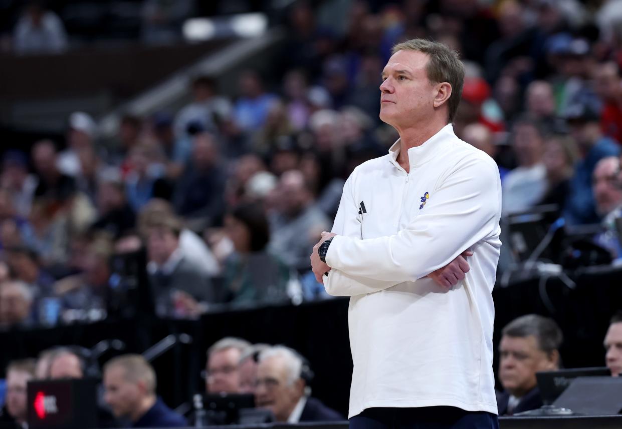 Kansas coach Bill Self during the second half in the second round of the 2024 NCAA Tournament against the Gonzaga Bulldogs at Vivint Smart Home Arena-Delta Center.