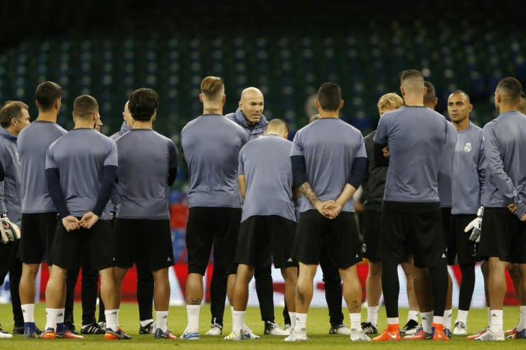 Real Madrid's head coach Zinedine Zidane (C) leads a training session at The Principality Stadium in Cardiff, in June 2017