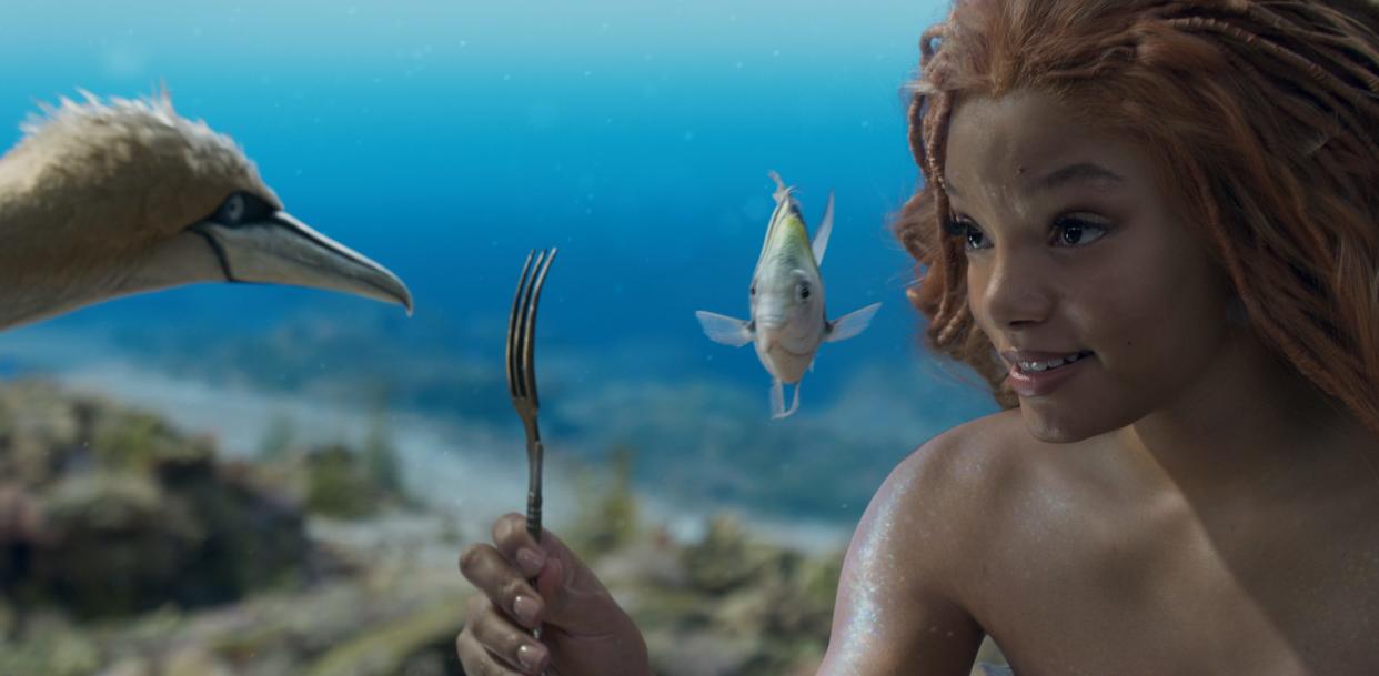 (L-R): Scuttle (voiced by Awkwafina), Flounder (voiced by Jacob Tremblay), and Halle Bailey as Ariel in Disney's live-action "The Little Mermaid."