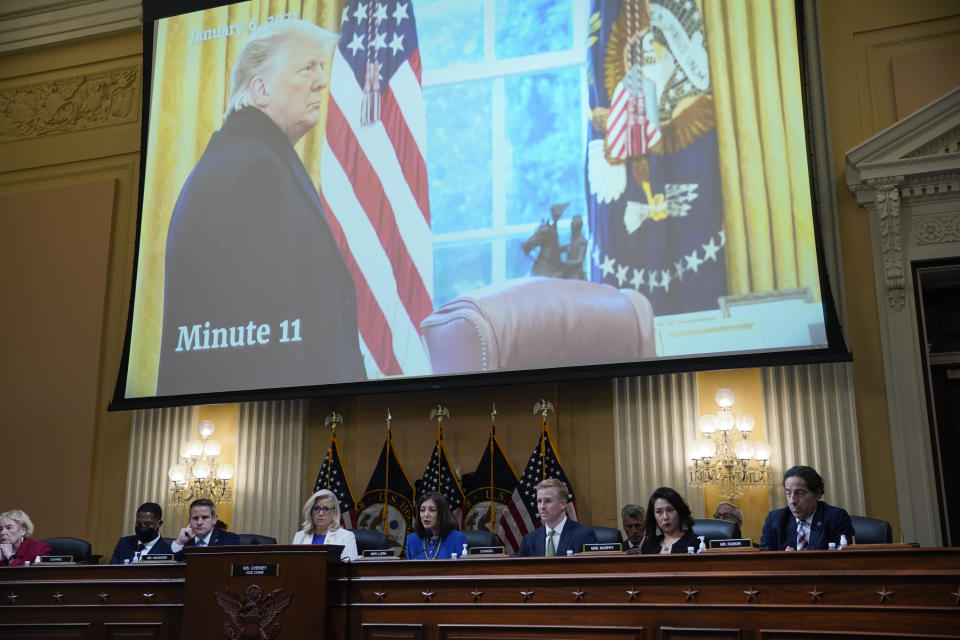 Former President Donald Trump displayed on a screen during a hearing of the House Jan. 6 committee.