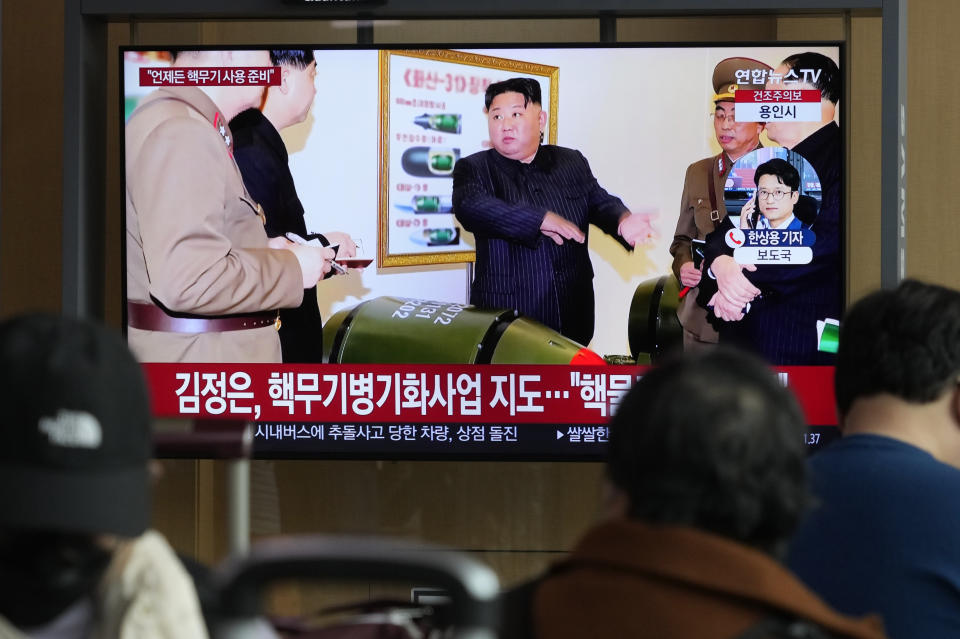 A TV screen shows an image of North Korean leader Kim Jong Un during a news program at the Seoul Railway Station in Seoul, South Korea, Tuesday, March 28, 2023. North Korea on Tuesday claimed it again detonated mock warheads during tests of nuclear-capable missiles and a purported underwater attack drone this week as leader Kim Jong Un called for his nuclear scientists to ramp up production of weapons-grade material to support a rapid expansion of delivery means. (AP Photo/Ahn Young-joon)