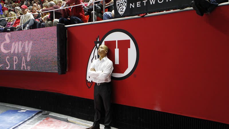 Tom Farden watches the arena screen during an NCAA gymnastics meet versus the BYU Cougars at the Huntsman Center in Salt Lake City on Jan. 8, 2016. Farden and the school have parted ways, it was announced on Tuesday, Nov. 21, 2023.
