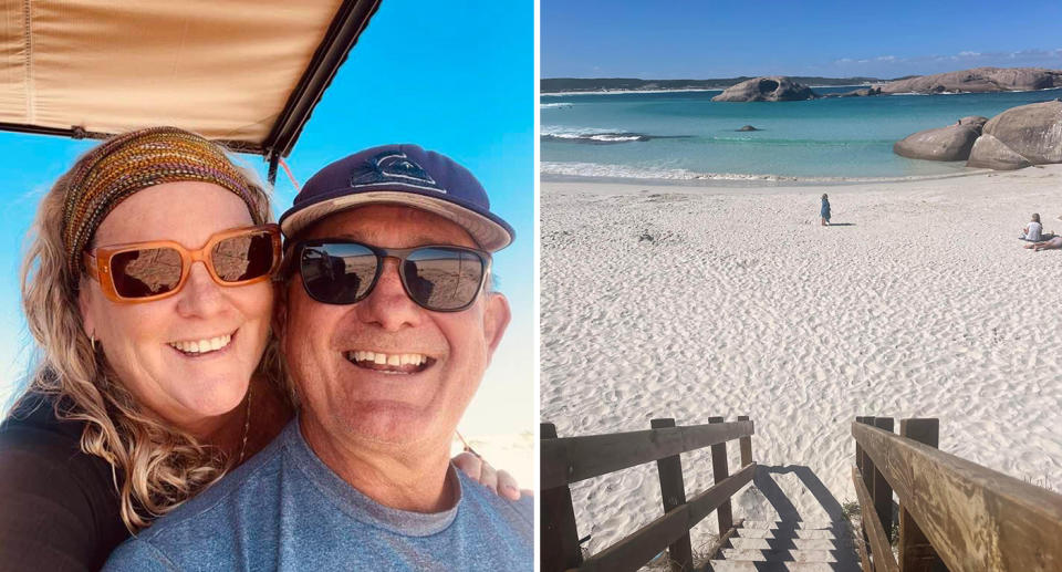 Left, Michelle and Rino Santin smile while sitting on a beach. Right, steps leading down to a pristine beach in WA. 