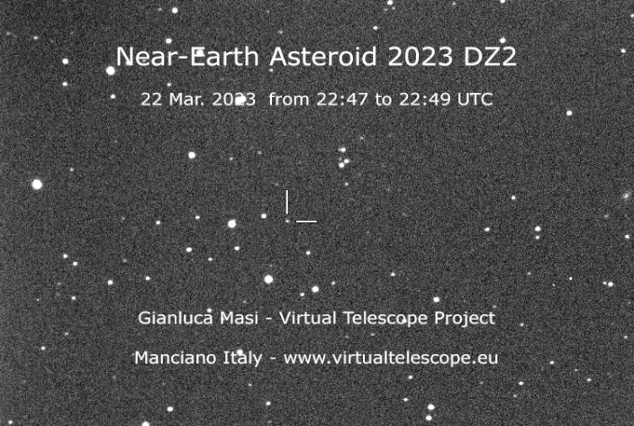 This time-lapse sequence shows the path of the asteroid 2023 DZ2, which flew close to the Earth as it passed by last week. / Credit: The Virtual Telescope Project