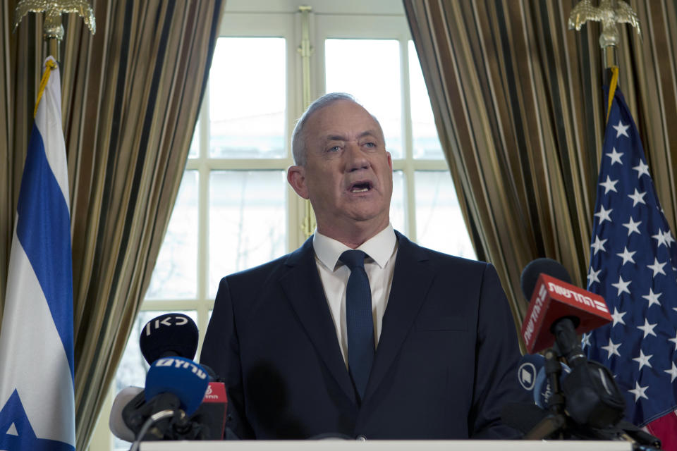 Israel Blue and White party leader Benny Gantz speaks during a news conference in Washington, Monday, Jan. 27, 2020, after meeting with President Donald Trump. (AP Photo/Jose Luis Magana)