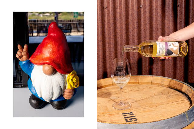 <p>Cassidy Araiza</p> From left: A garden gnome at Chateau Tumbleweed winery, in the Verde Valley; pouring a glass of Picpoul Blanc at Chateau Tumbleweed.