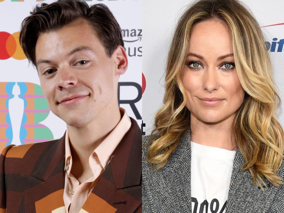 On the left: Harry Styles wearing a brown patterned jacket at the 2021 BRIT Awards. On the right: Olivia Wilde wearing a white T-shit and gray blazer.