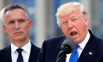 <p>President Donald Trump (R) speaks beside NATO Secretary General Jens Stoltenberg at the start of the NATO summit at their new headquarters in Brussels, Belgium, May 25, 2017. (Photo: Christian Hartmann/Reuters) </p>