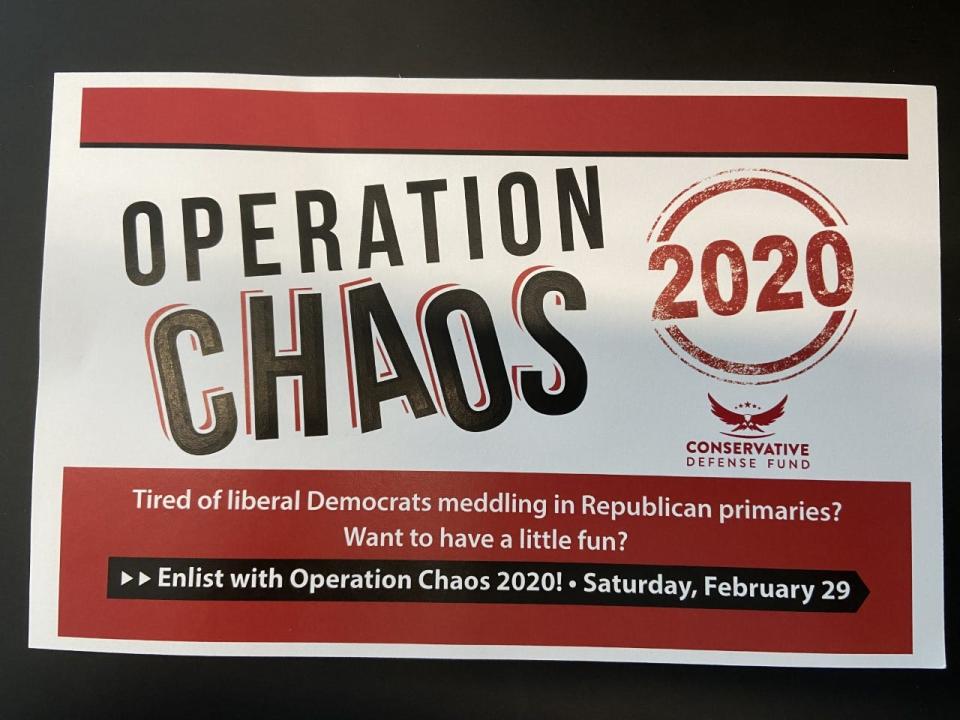 Fliers asking Republicans to cross parties in the presidential primary.