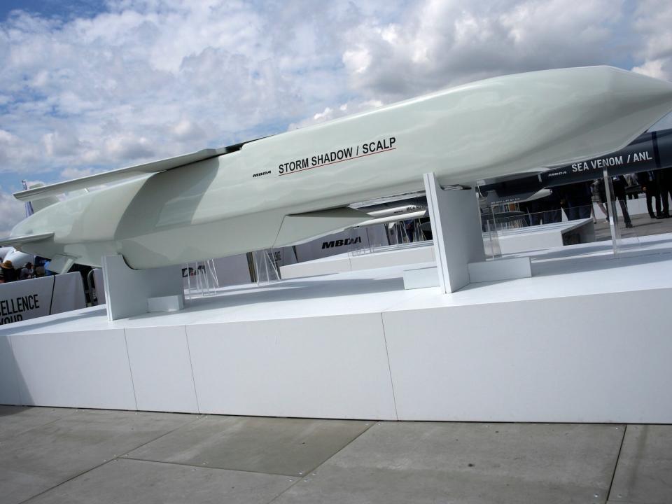 The Storm Shadow cruise missile on display outdoors on a plinth during the Paris Air Show in Le Bourget, north of Paris, France, Monday, June 19, 2023