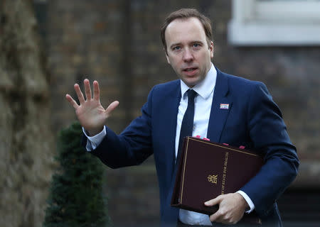 FILE PHOTO: Britain's Secretary of State for Health Matt Hancock, arrives in Downing Street, London, Britain, December 4, 2018. REUTERS/Henry Nicholls