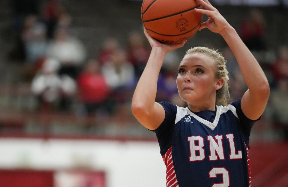 Bedford North Lawrence Star Chloe Spreen (2) shoots aa free throw Saturday, Feb. 18, 2023, during the 4A semistate game at Southport High School in Indianapolis. Bedford North Lawrence defeated Center Grove, 50-43, advancing to semistate finals.