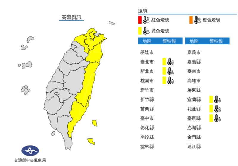 中央氣象局針對6縣市發布高溫特報。（圖／中央氣象局）