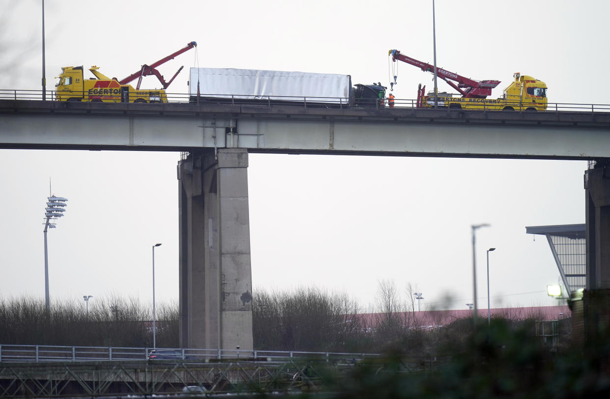 An overturned vehicle on the M60, near Trafford Park in Manchester, after Storm Franklin moved in overnight, just days after Storm Eunice destroyed buildings and left 1.4 million homes without power. Picture date: Monday February 21, 2022.