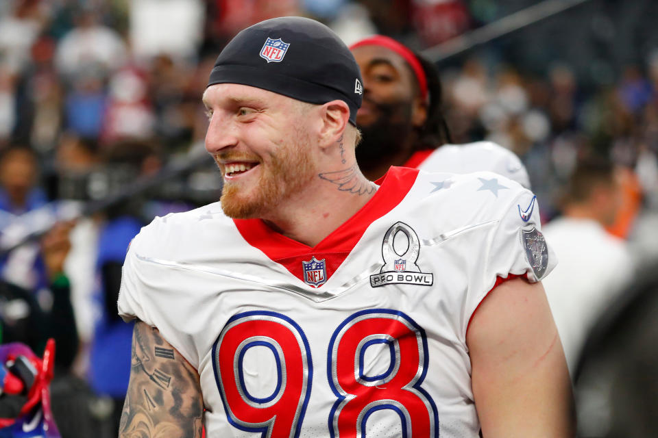 LAS VEGAS, NV - FEBRUARY 06: Las Vegas Raiders defensive end Maxx Crosby (98) smiles after learning he was selected as the defensive MVP of the NFL Pro Bowl presented by Verizon on February 6, 2022 at Allegiant Stadium in Las Vegas, Nevada. (Photo by Jeff Speer/Icon Sportswire via Getty Images)