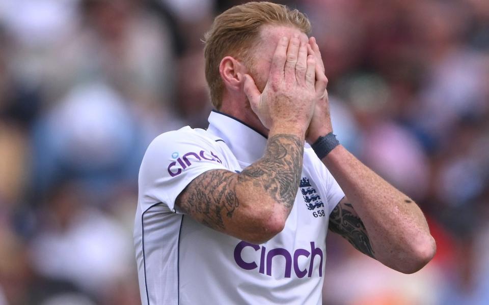 Ben Stokes reacts after another near miss