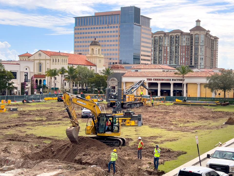 Construction has started on the empty lot that once held the CityPlace Macy's department store in downtown West Palm Beach, Tuesday, February 8, 2022. 575 Rosemary, a 21-story mixed-use tower that will include luxury residences and commercial space, is rising in the heart of The Square, the newest moniker for CityPlace. The building is anticipated to be completed in 2023.