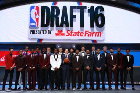 Jun 23, 2016; New York, NY, USA; NBA commissioner Adam Silver poses for a group photo on stage with draft prospects before the 2016 NBA Draft at Barclays Center. Mandatory Credit: Brad Penner-USA TODAY Sports