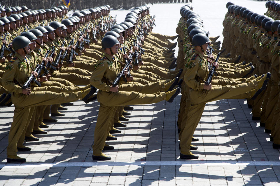 In this Sunday, Sept. 9, 2018, file photo, soldiers march past during a parade for the 70th anniversary of North Korea's founding day in Pyongyang, North Korea. North Korea staged a major military parade, huge rallies and will revive its iconic mass games on Sunday to mark its 70th anniversary as a nation. (AP Photo/Ng Han Guan, File)