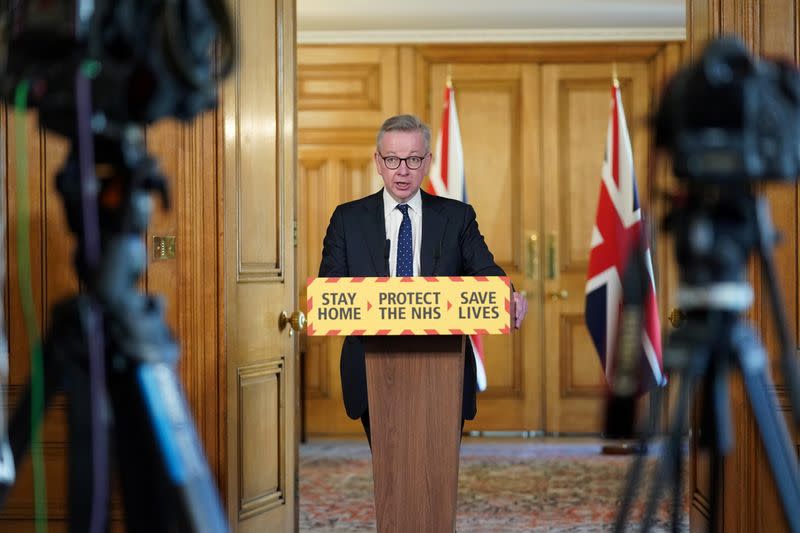 Britain's Chancellor of the Duchy of Lancaster Michael Gove speaks at a digital news conference on the coronavirus disease (COVID-19) outbreak, in 10 Downing Street in London