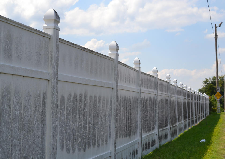 A black fungus grows on a white picket fence in south Louisville, Ky. near a bourbon aging warehouse owned by Diageo. The company has been told by city officials in Louisville to control its warehouse vapors, which promote the growth of the black substance. (AP Photo/Dylan Lovan)