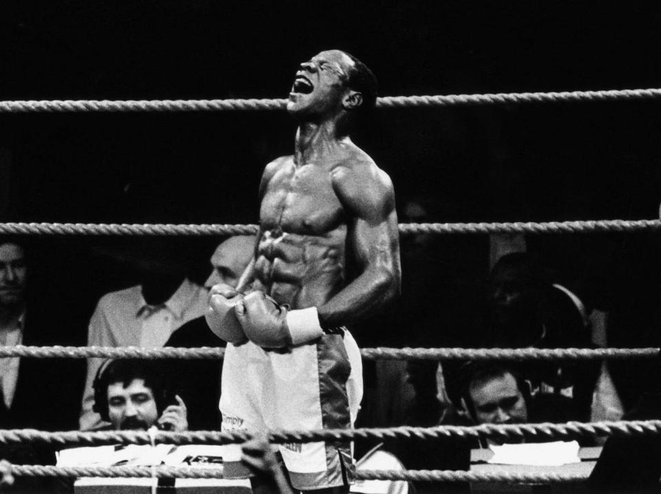 After beating Nigel Benn, in 1990 (Getty)