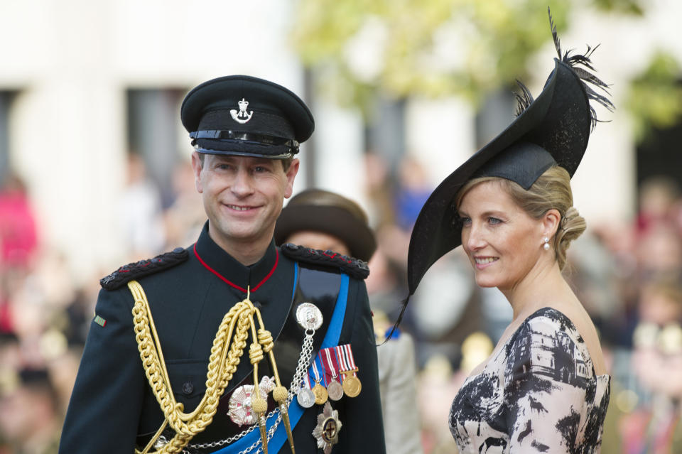 Prince Edward of England and Countess Sophie of Wessex attend the wedding ceremony of Prince Guillaume of Luxembourg and Princess Stephanie of Luxembourg at the Cathedral of our Lady of Luxembourg in Luxembourg. (Photo by Stephane Cardinale/Corbis via Getty Images)