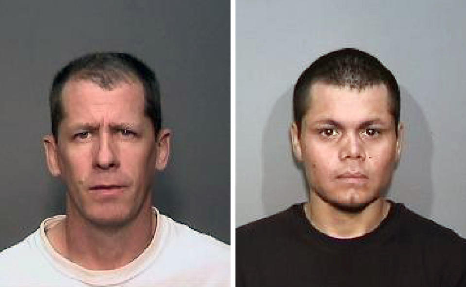 This combination of undated photos from the Megan's Law website shows suspects, Stephen Dean Gordon, 45, left, and Franc Cano, 27, who were arrested on Friday, April 11, 2014, on suspicion of killing four women in Orange County, Calif. Anaheim police said detectives in Santa Ana and Anaheim launched a joint investigation after the naked body of Jarrae Nykkole Estepp, 21, was found in the conveyor belt of a recycling plant last month. The probe led detectives to connect the men to her slaying, and the disappearance of three women who frequented a Santa Ana neighborhood known for drug dealing and prostitution. (AP Photo/Megan's Law)