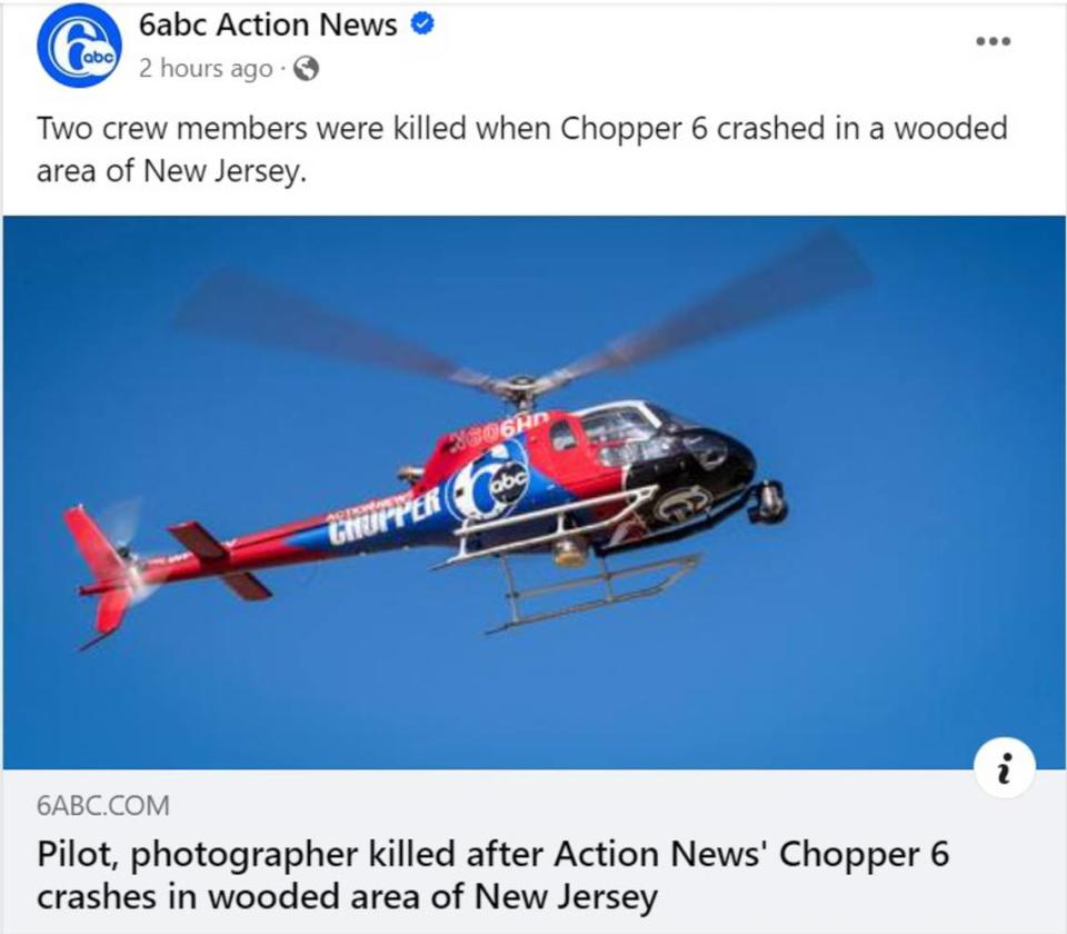 The news helicopter involved in a fatal crash in New Jersey — a 2013 American Eurocopter AS-350A-STAR —was leased from a Marshville, N.C., company, US Helicopters, the 6abc station said.