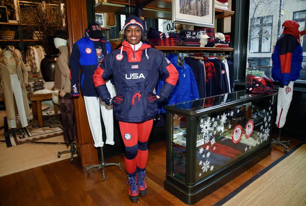 Bobsledder Aja Evans models the Team USA Beijing winter Olympics opening ceremony uniforms designed by Ralph Lauren on Jan. 19, in New York.  (Photo: via Associated Press)