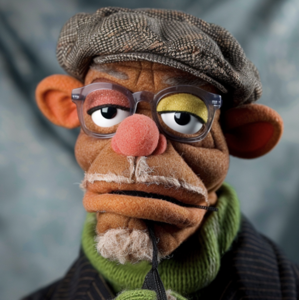 Close-up of a Muppet with glasses, a cap, thin white mustache and goatee, and striped scarf looking pensive