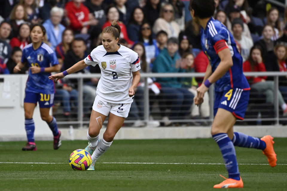 U.S. midfielder Ashley Sanchez (2) advances the ball against Japan during the first half of a SheBelieves Cup soccer match Sunday, Feb. 19, 2023, in Nashville, Tenn. (AP Photo/Mark Zaleski)