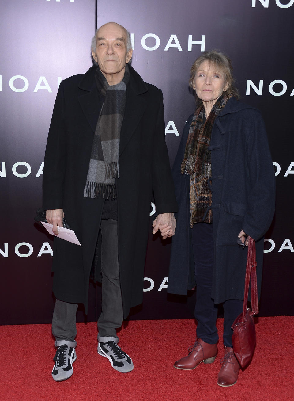 FILE - Actor Mark Margolis, left, and Jacqueline Margolis attend the premiere of "Noah" at the Ziegfeld Theatre on Wednesday, March 26, 2014 in New York. Mark Margolis, who played murderous former drug kingpin Hector Salamanca in “Breaking Bad” and then in the prequel “Better Call Saul,” has died at age 83. (Photo by Evan Agostini/Invision/AP, File)