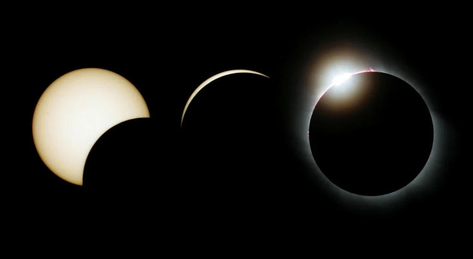 A composition of three images showing the partial stages of the eclipse, finishing with the spectacular Baily's Beads just moments before totality.