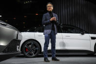 Kenichiro Yoshida, Chairman, President and CEO at Sony Group Corporation, talks about the Vision-S line of electric vehicles during the Sony news conference at the CES tech show, Tuesday, Jan. 4, 2022, in Las Vegas. Sony debuted an SUV version called the Vision-S 02. (AP Photo/Joe Buglewicz)