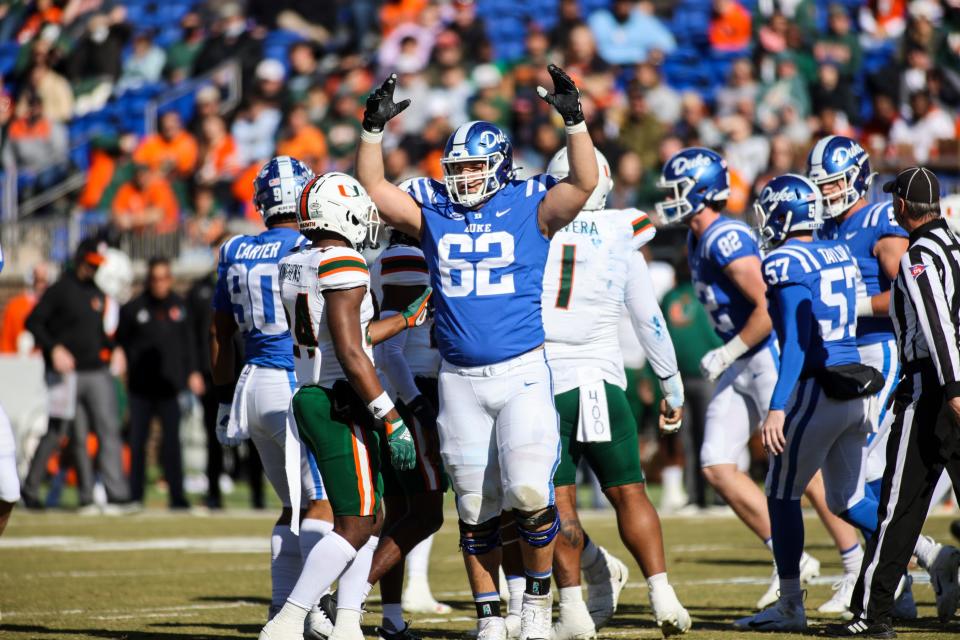 Duke offensive lineman Graham Barton celebrates a touchdown.