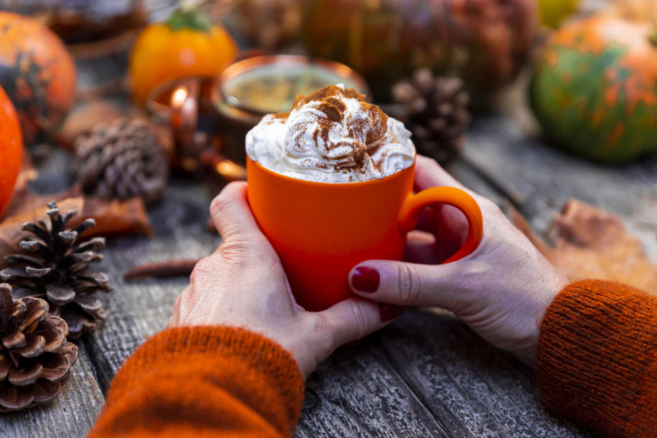 Coffee latte with whipped cream and cinnamon on top held in womans hands on a wooden background of pumpkins, autumn leaves. Fall and Thanksgiving concept