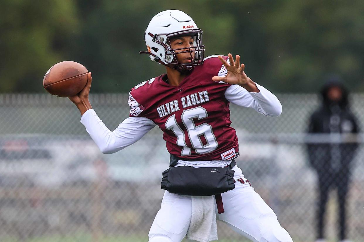 Hodgson quarterback Xavier Brown fires a pass against Middletown last week. Brad Myers and Kevin Tresolini are picking the Silver Eagles to win at Saint Mark's on Friday night, while Matt Kalin is going with the Spartans.