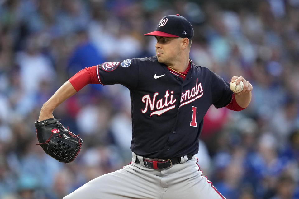 Washington Nationals starting pitcher MacKenzie Gore delivers during the first inning of a baseball game against the Chicago Cubs Monday, July 17, 2023, in Chicago. (AP Photo/Charles Rex Arbogast)