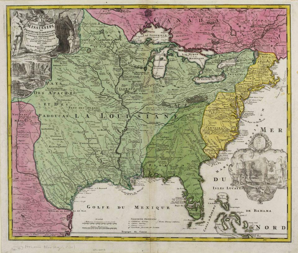 A 1687 map made for the French that depicts a portion of the Midwest, including the Des Moines River.