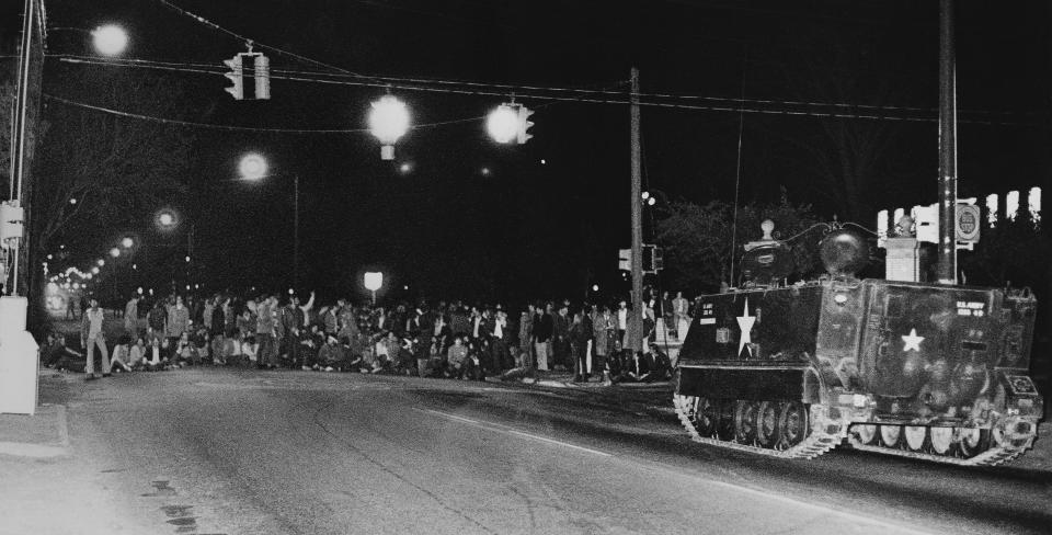 An armored vehicle sits at the corner of East Main and South Lincoln streets at the gate to Kent State University on May 3, 1970. Student protesters staged a sit-in at the corner that eventually was broken up with tear gas and arrests.