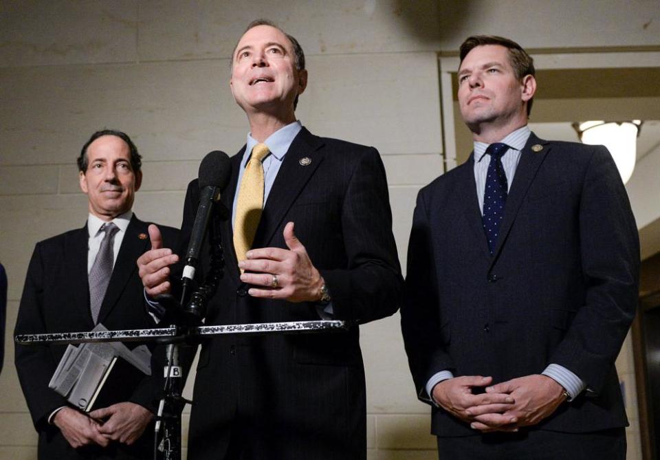 Adam Schiff speaks to reporters with Jamie Raskin and Eric Swalwell. Trump’s justice department seized data from Schiff and Swalwell, fierce Trump critics.