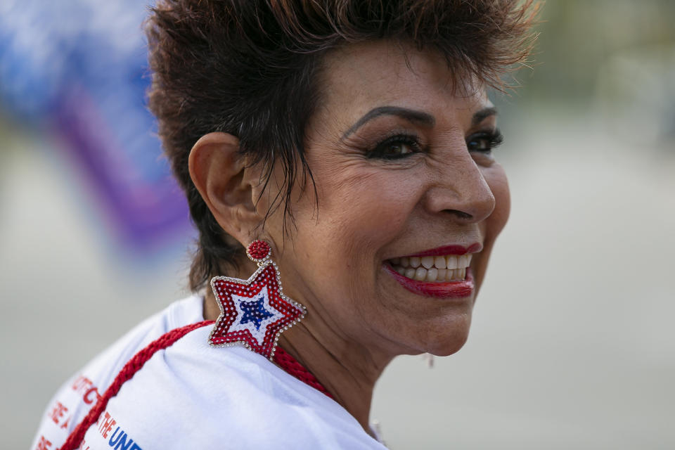 Donna Cocomazzi, 72, a Republican activist, gathers outside the Palm Beach County Convention Center in West Palm Beach, Fla., on Tuesday, March 3, 2020, before Democratic presidential candidate Mike Bloomberg speaks during a campaign rally. (Matias J. Ocner/Miami Herald/Tribune News Service via Getty Images)