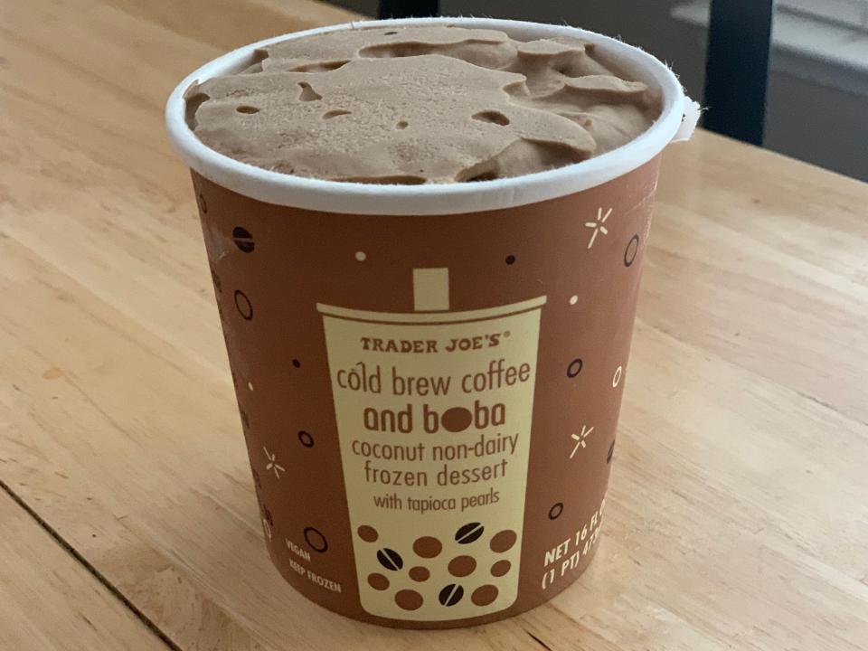 Brown carton of Trader Joe's cold brew and boba ice cream