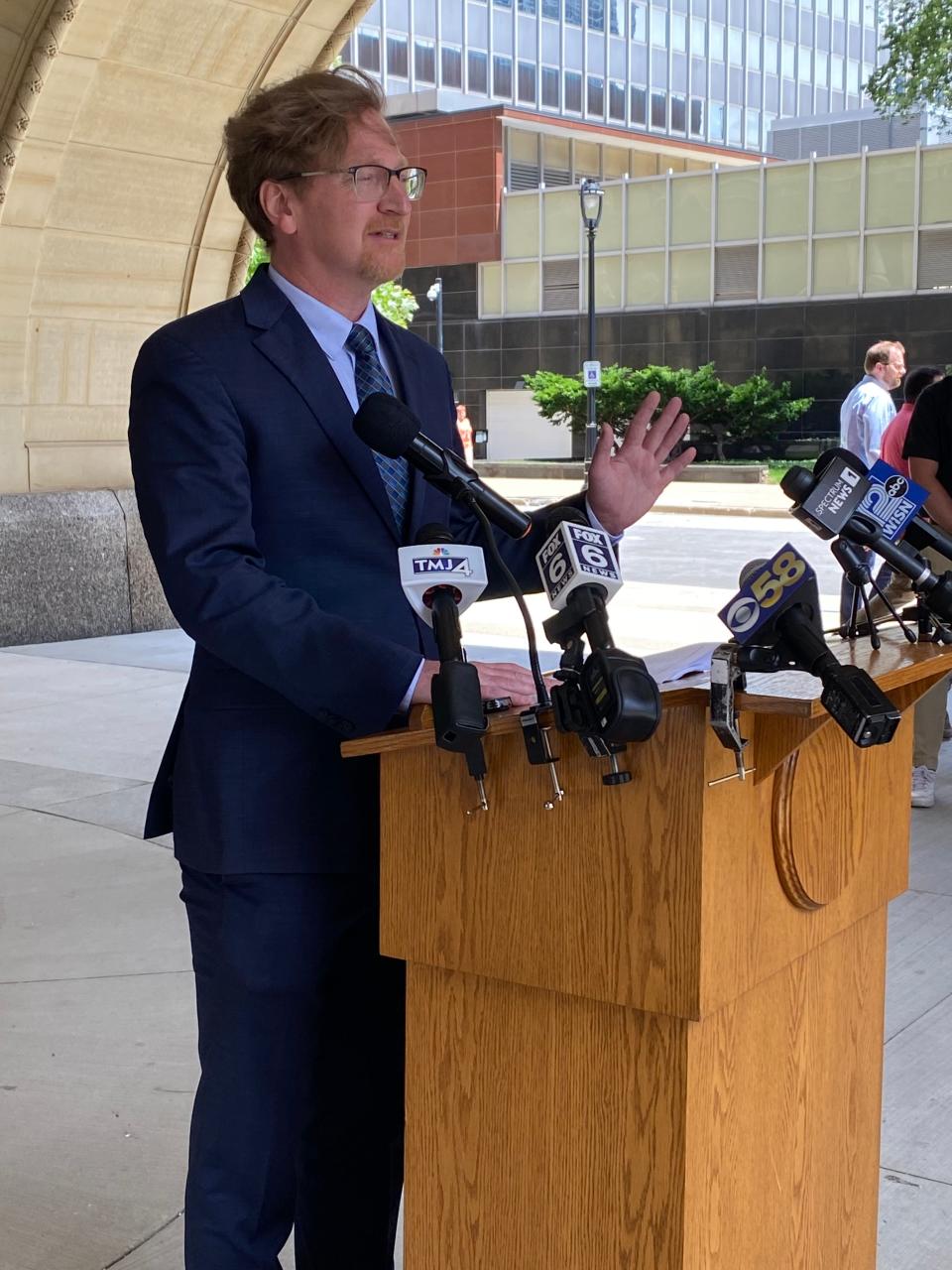 Ald. Scott Spiker held a press conference outside City Hall on Wednesday following revelations of financial mismanagement at Milwaukee Public Schools.