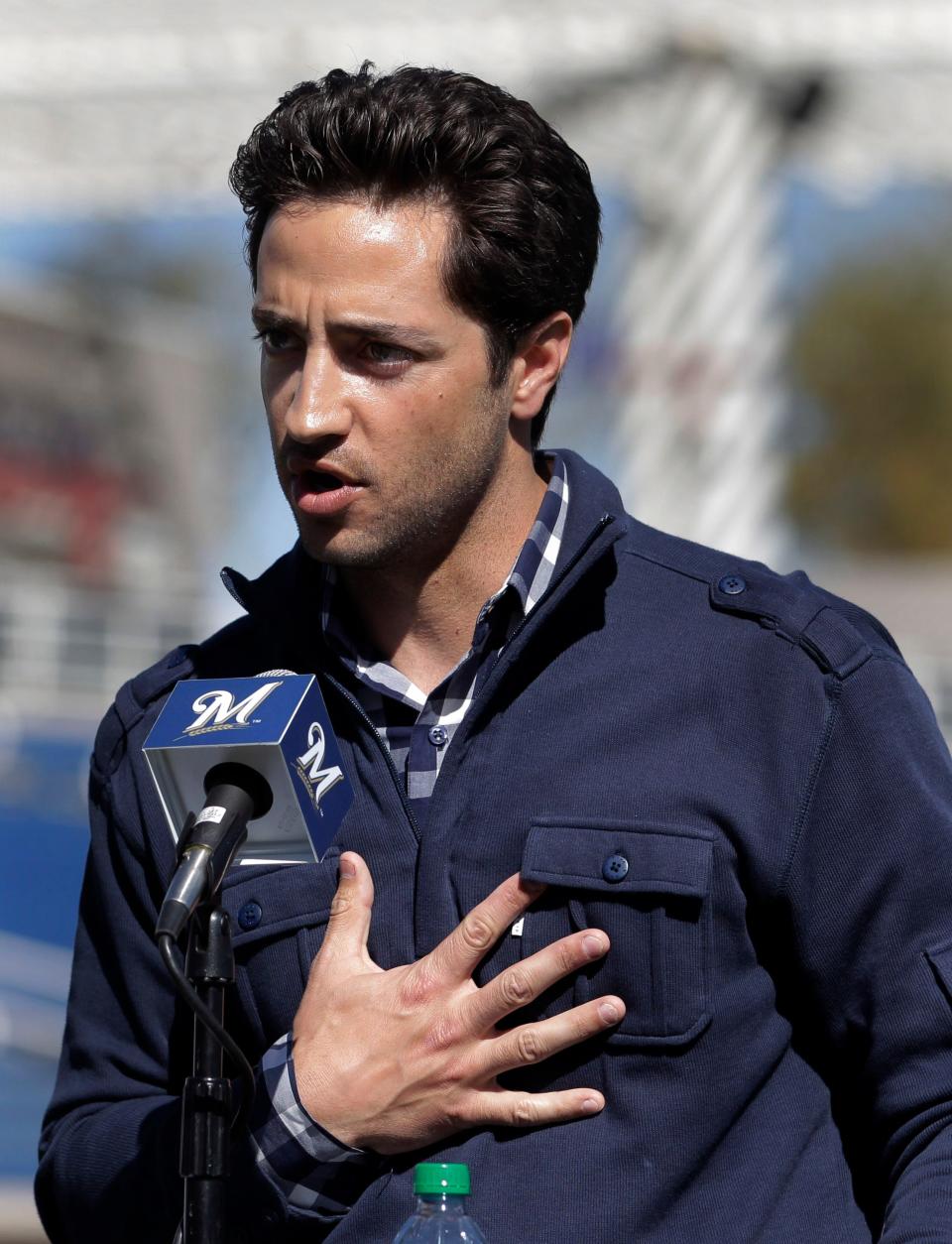 Ryan Braun speaks during a news conference at the team's spring training baseball on Feb. 24, 2012, in Phoenix, to address his overturned 50-game drug suspension. It was the first time a baseball player successfully challenged a drug-related penalty in a grievance. Braun would eventually be suspended for 65 games during the 2013 season after being linked to a Biogenesis lab.