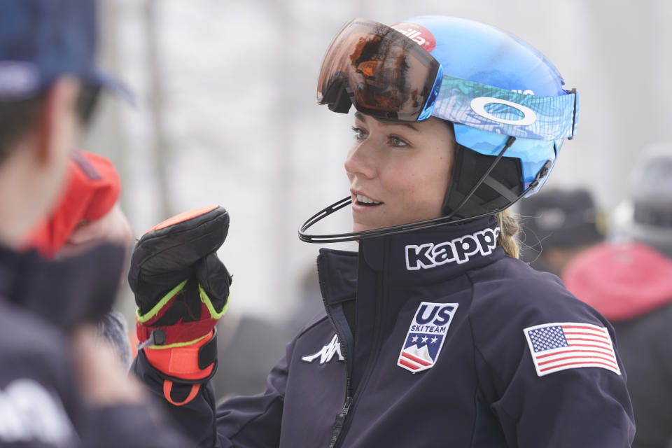 United States' Mikaela Shiffrin prior to an alpine ski, women's World Cup slalom race, in Zagreb, Croatia, Wednesday, Jan. 4, 2023. (AP Photo/Giovanni Auletta)