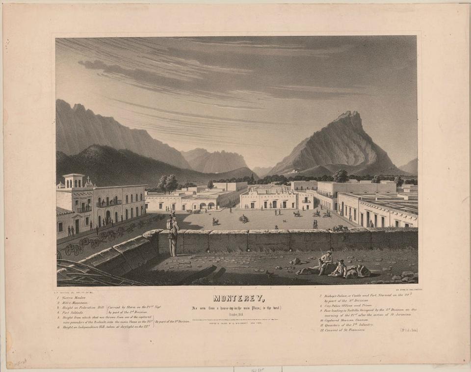 Prints show a cityscape view from a rooftop, looking west, of the main plaza of Monterrey, Mexico, with soldiers and artillery stationed around the plaza, and with mountains in the background.